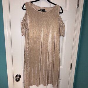 Roz & Ali Metallic Gold Stretchy Ribbed Cold Shoulder Cocktail Dress XL